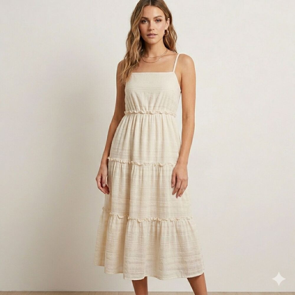 Forever 21 Cream Tiered Maxi Dress Small Textured Gauze Boho Cottagecore